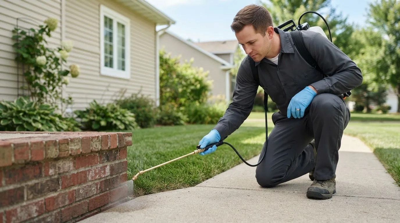 Pest control technician treating a home near Medford, NY