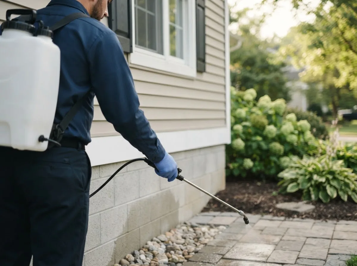 Pest control technician inspecting a home in Medford, NY